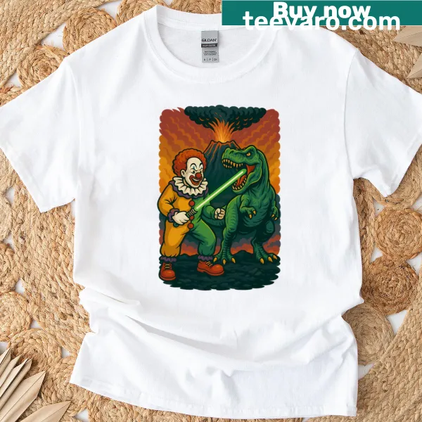 Cartoon t-shirt featuring a clown with a lightsaber battling a T-rex