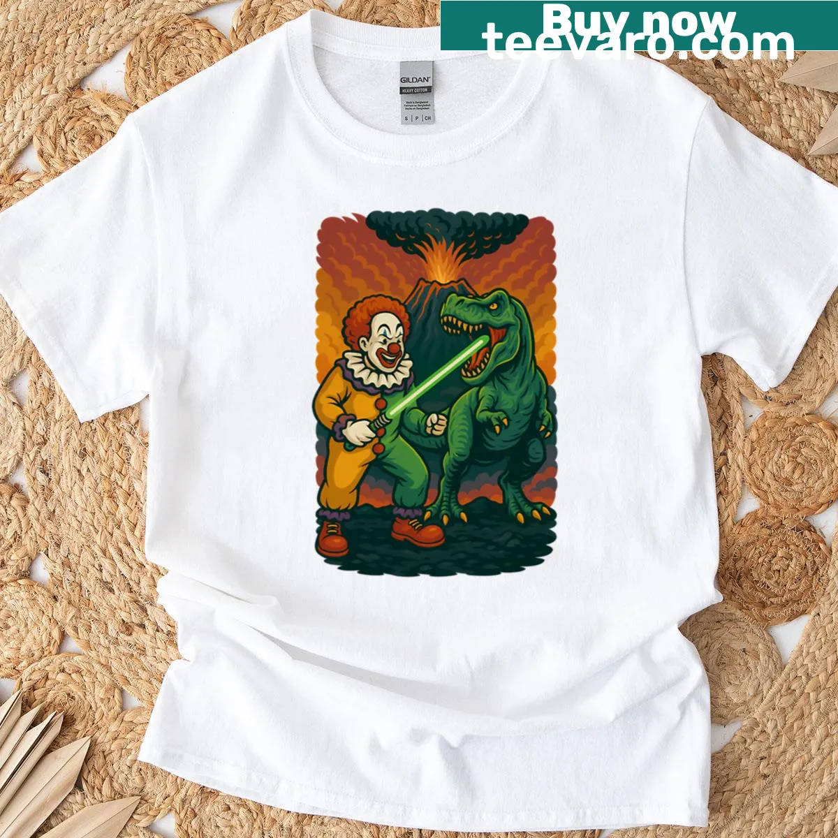 Cartoon t-shirt featuring a clown with a lightsaber battling a T-rex — on a men's t-shirt