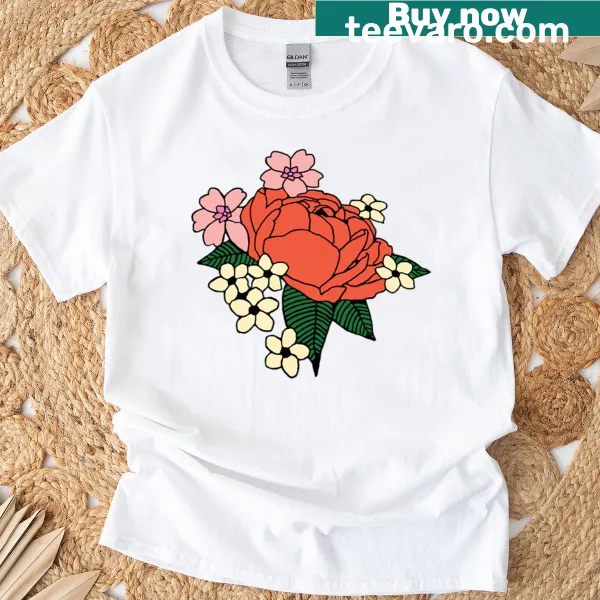 Illustration of a cluster of flowers and leaves on a T-shirt.