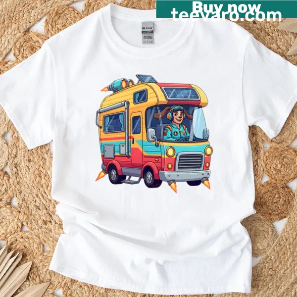 Animated T-shirt with a cheerful character driving a vehicle in space