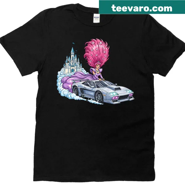 Illustration of a futuristic car racing past a whimsical castle on a bright day