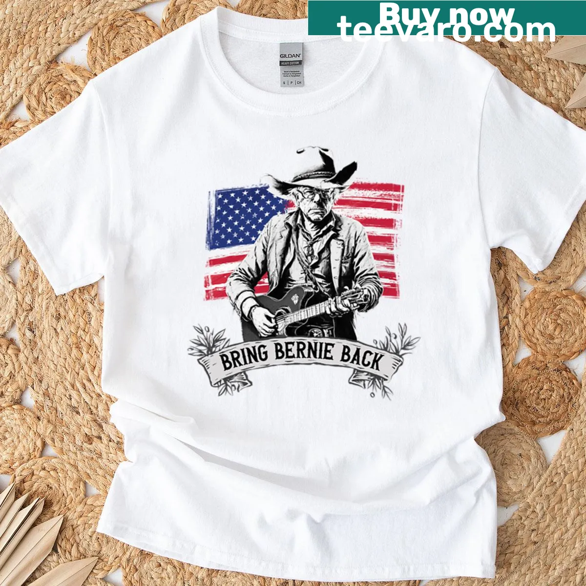 Bernie Sanders cowboy graphic over American flag on t-shirt — on a men's t-shirt