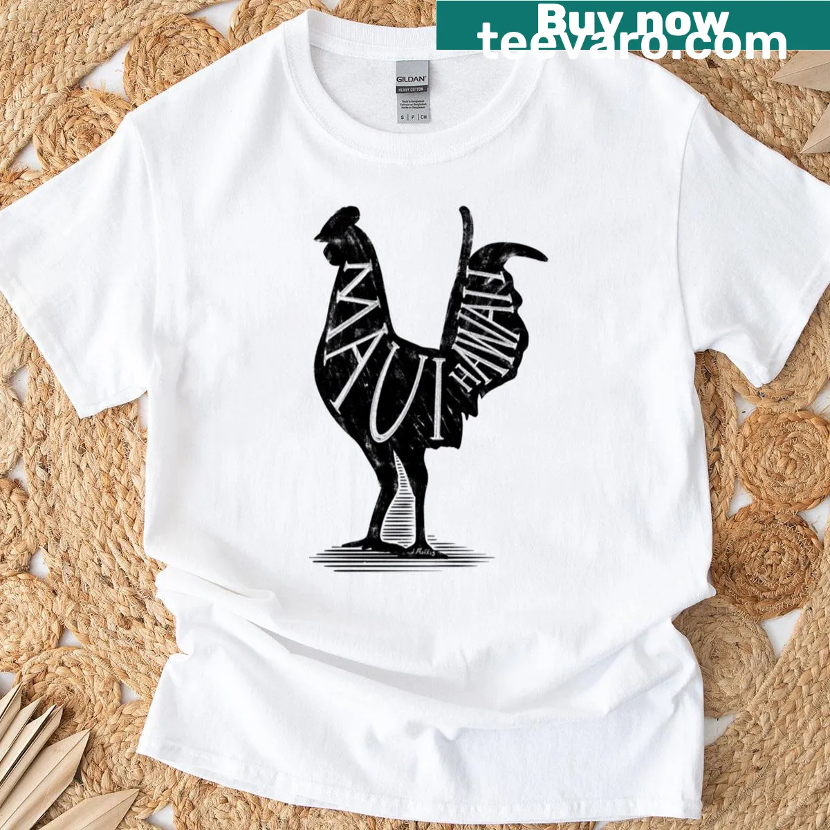 T-shirt featuring an illustration of a Maui Hawaiian chicken. — on a men's t-shirt