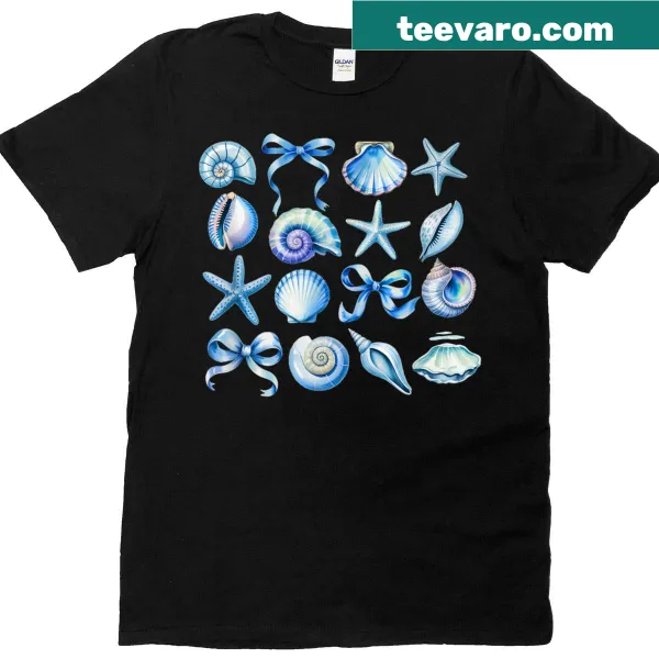 Retro ocean-themed design featuring a blue bow on a T-shirt