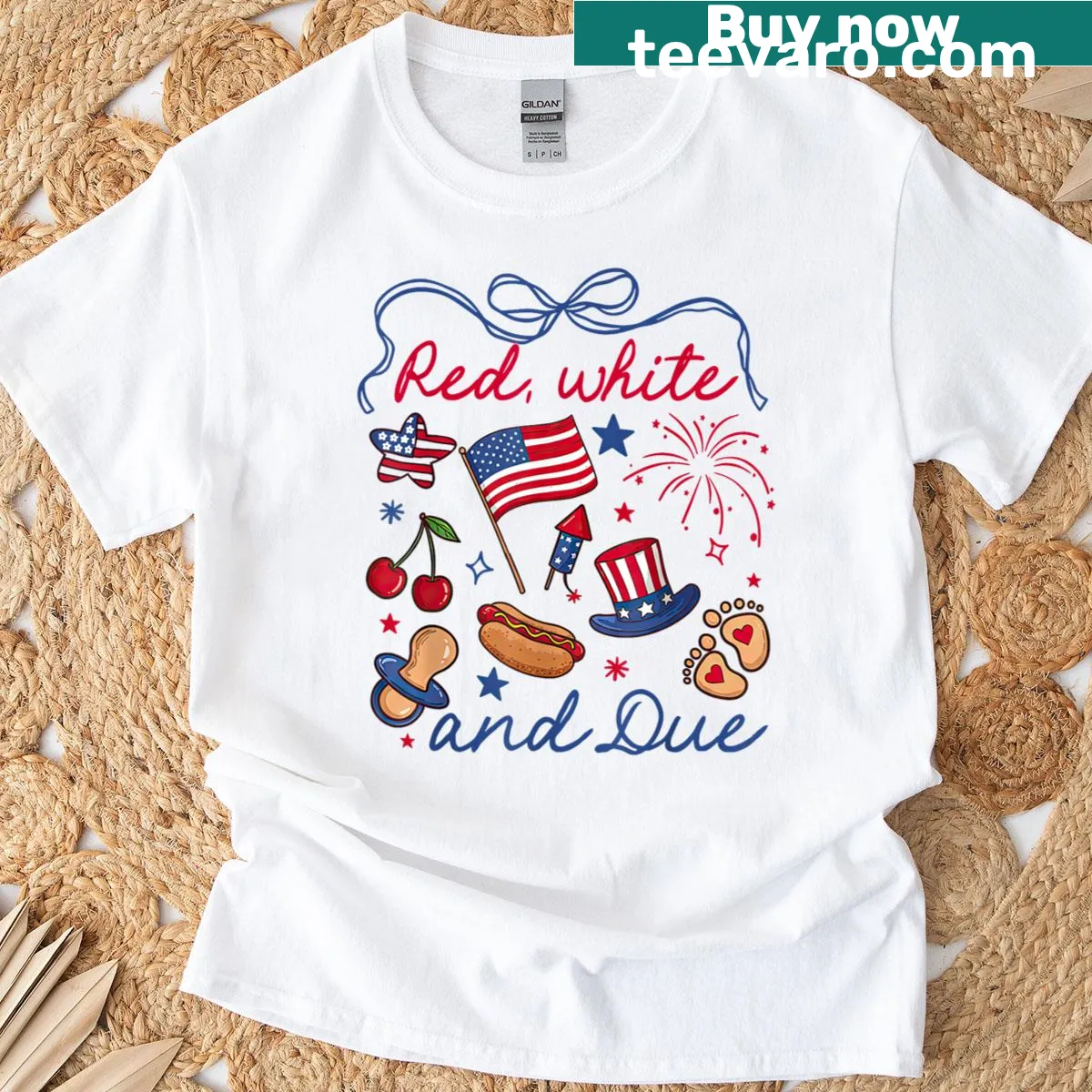 Text 'Red, White, and Due' with bow on pregnancy reveal t-shirt — on a men's t-shirt