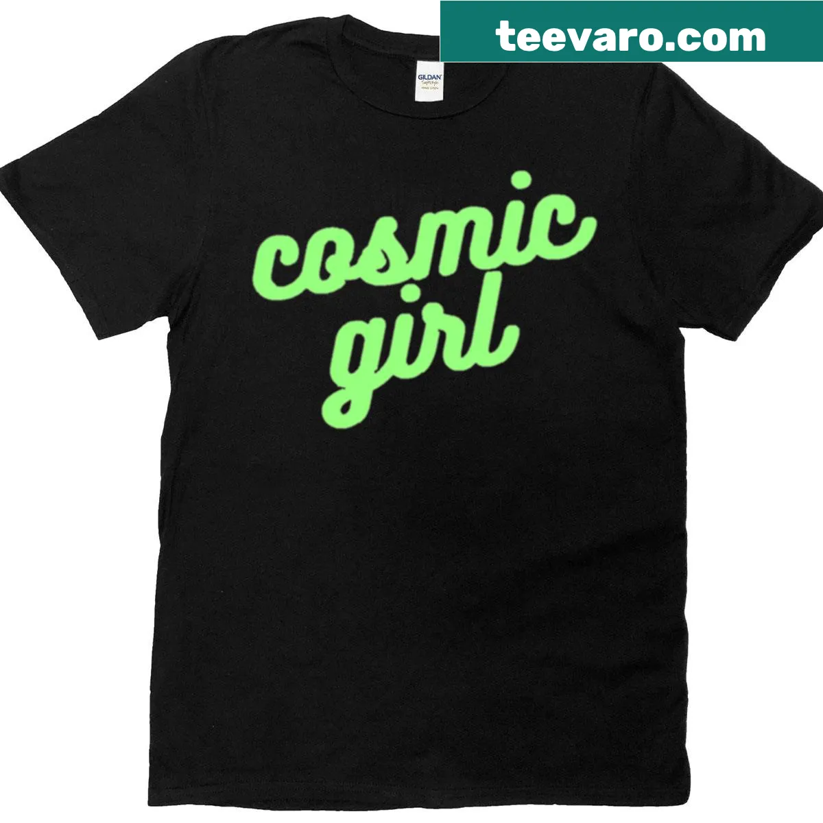Illustration of a girl surrounded by celestial elements on a green t-shirt — on a men's t-shirt