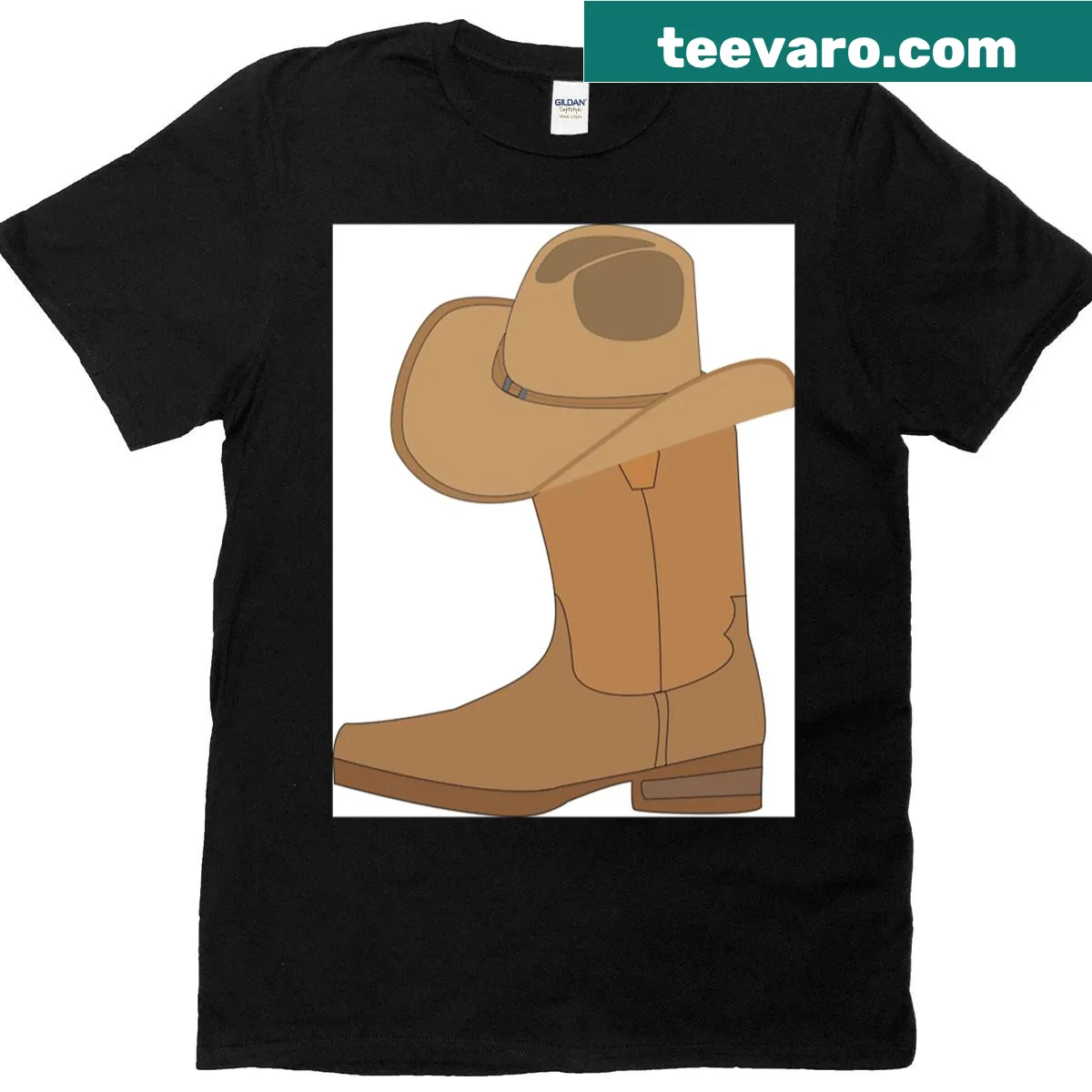 Illustrated cowboy hat and boot t-shirt — on a men's t-shirt