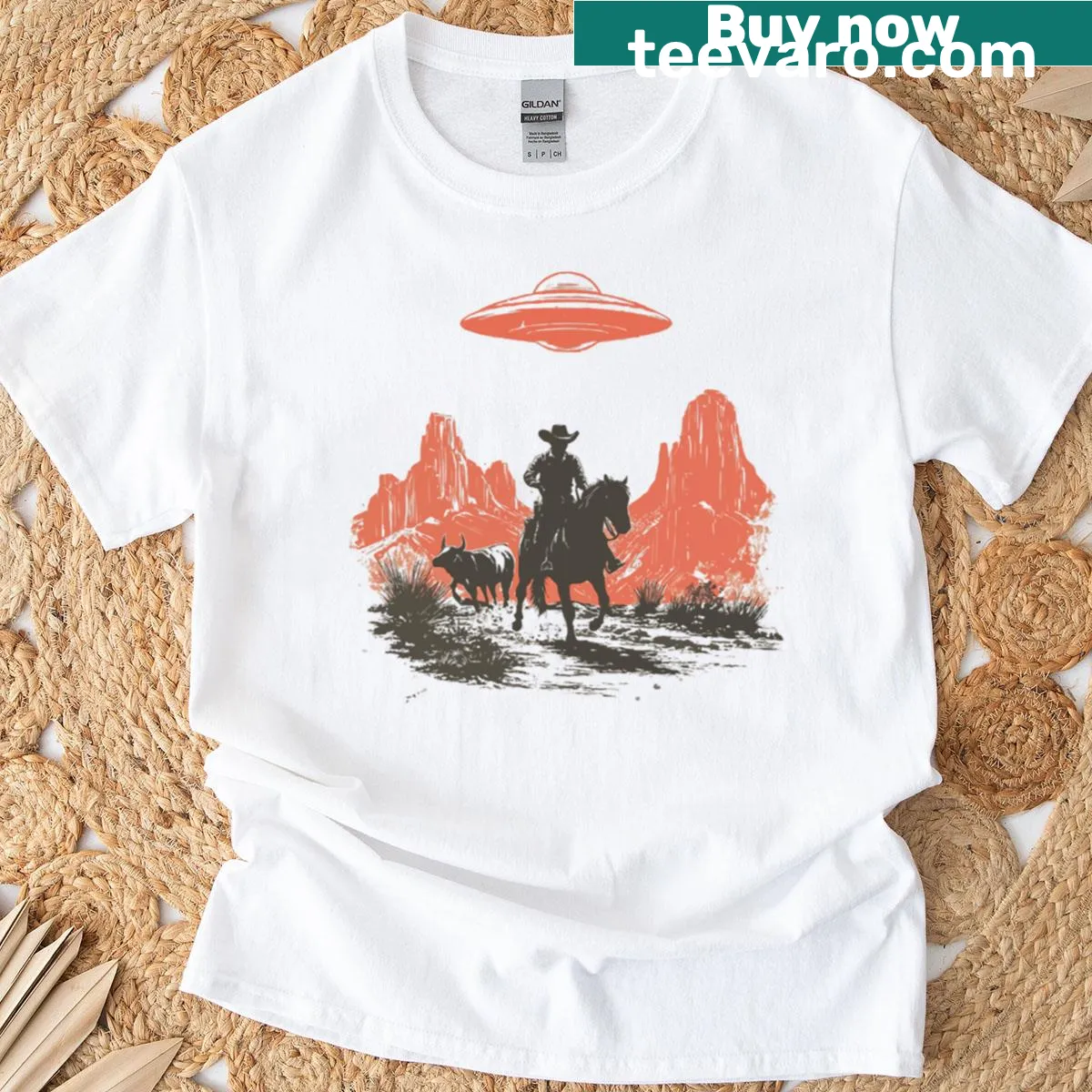 Silhouette of a cowboy with a UFO on t-shirt — on a men's t-shirt