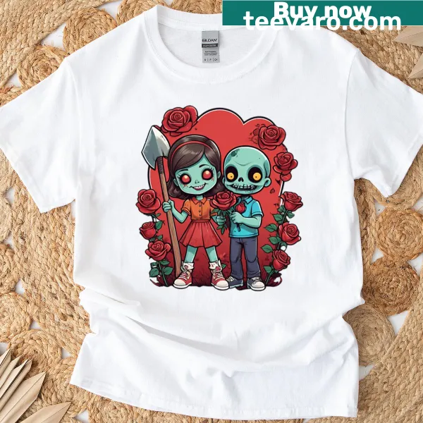 T-shirt featuring a vintage cartoon girl with an axe and zombie head.