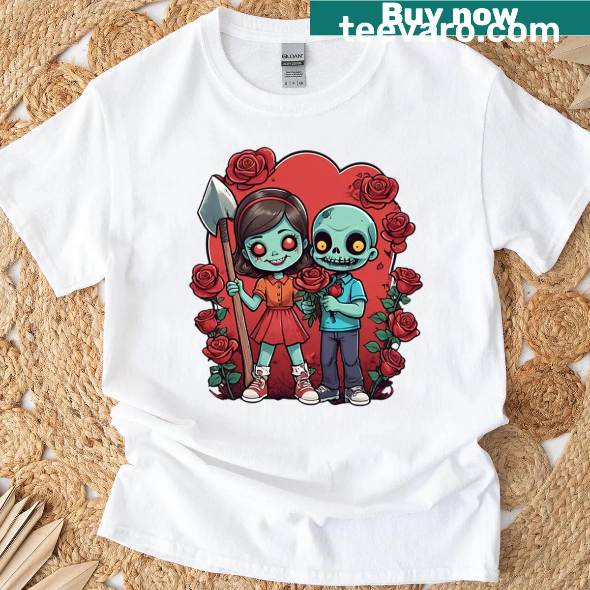 T-shirt featuring a vintage cartoon girl with an axe and zombie head. — on a men's t-shirt