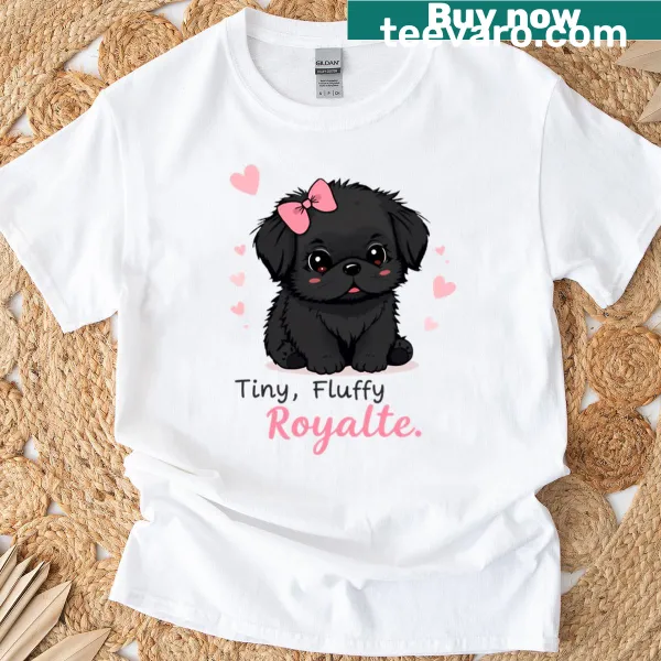 Illustration of a fluffy black Pekingese puppy with a bow on T-shirt