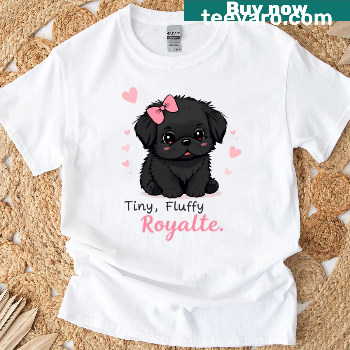 Illustration of a fluffy black Pekingese puppy with a bow on T-shirt — on a men's t-shirt