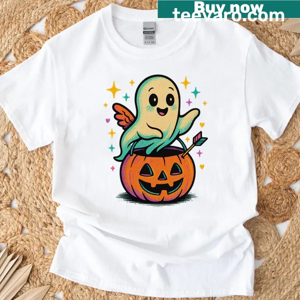 Kawaii ghost and pumpkin Halloween T-shirt for kids.