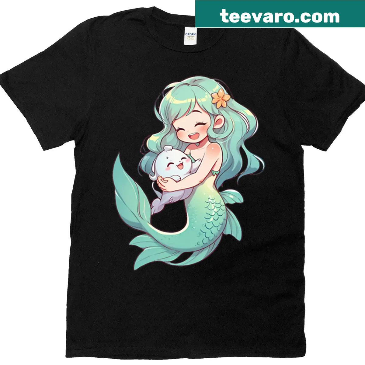 Kawaii mermaid and baby dolphin design on a T-shirt. — on a men's t-shirt