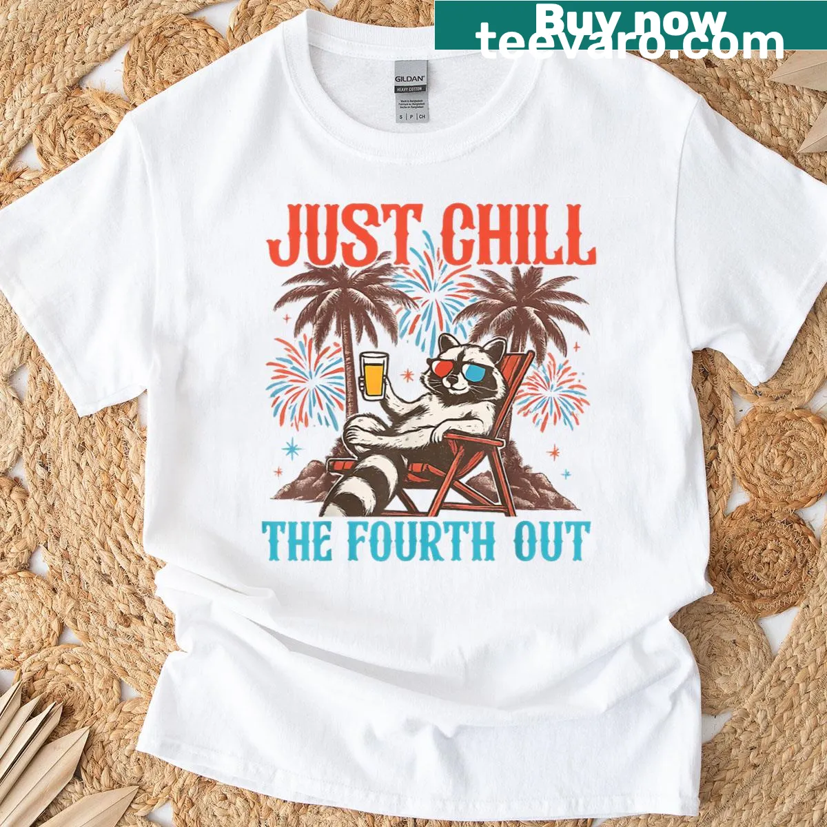 Cartoon raccoon celebrating 4th of July with text 'Just Chill The Fourth Out' — on a men's t-shirt