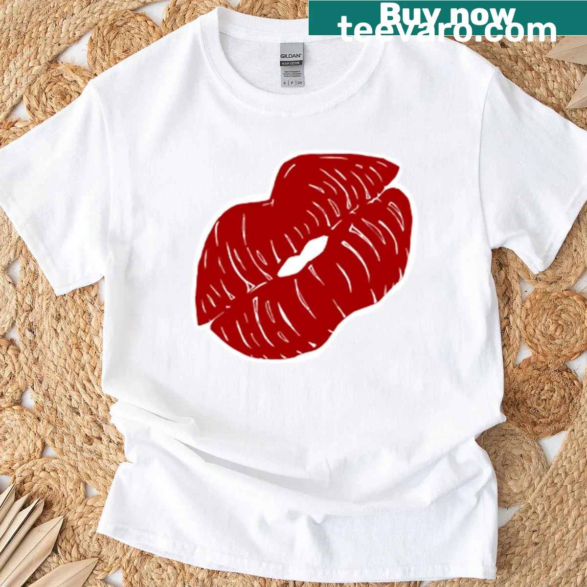 Sketch of a red kiss mark on a T-shirt — on a men's t-shirt