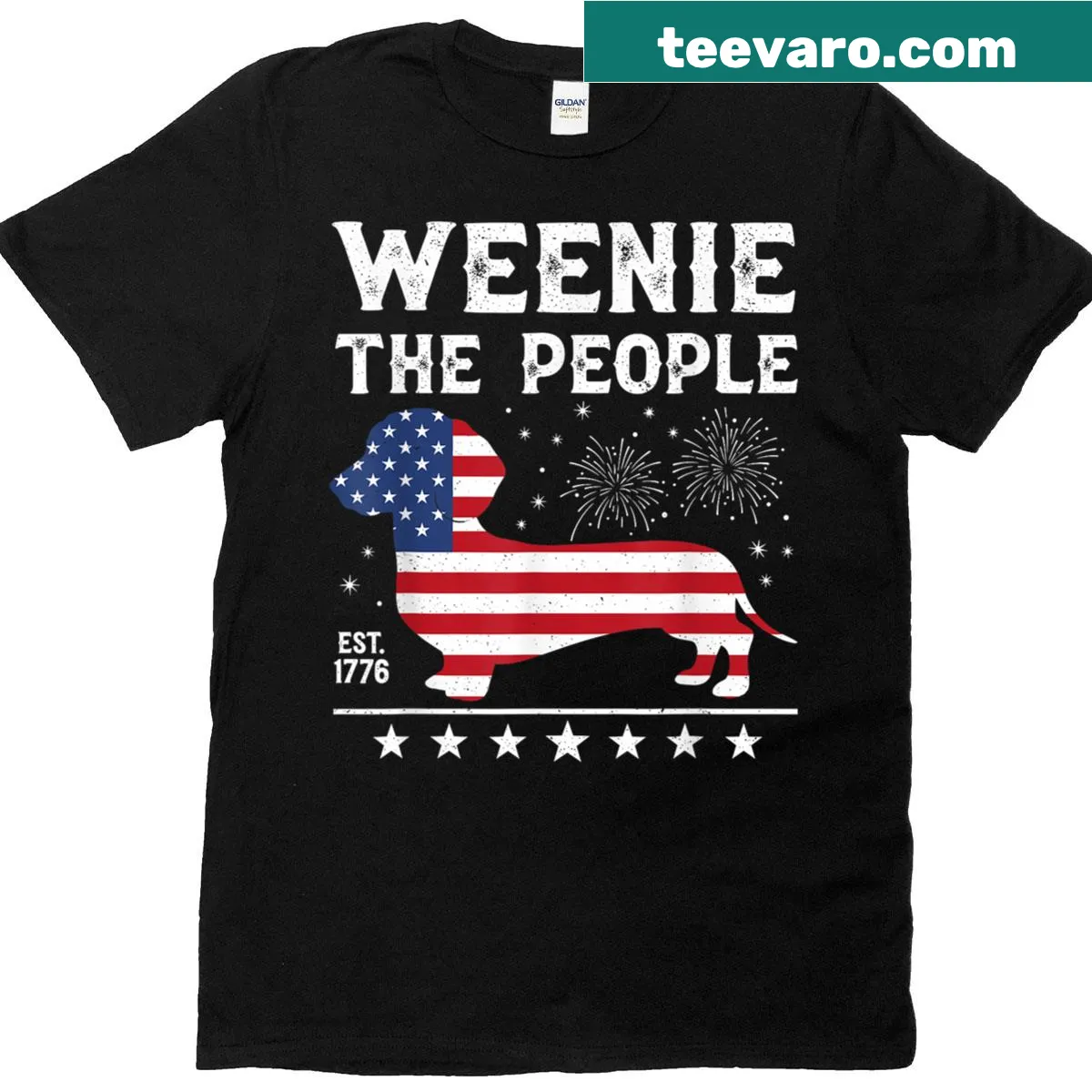 Funny t-shirt with dachshund design and American flag text — on a men's t-shirt