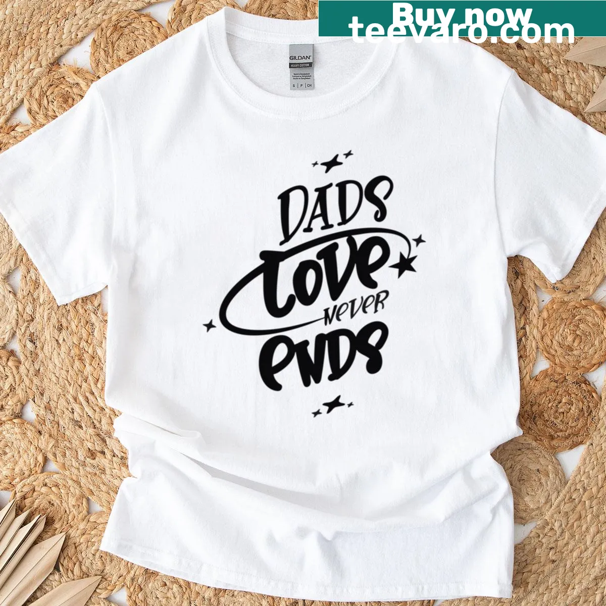 Typography design reading 'Dads Love Never Ends' — on a men's t-shirt