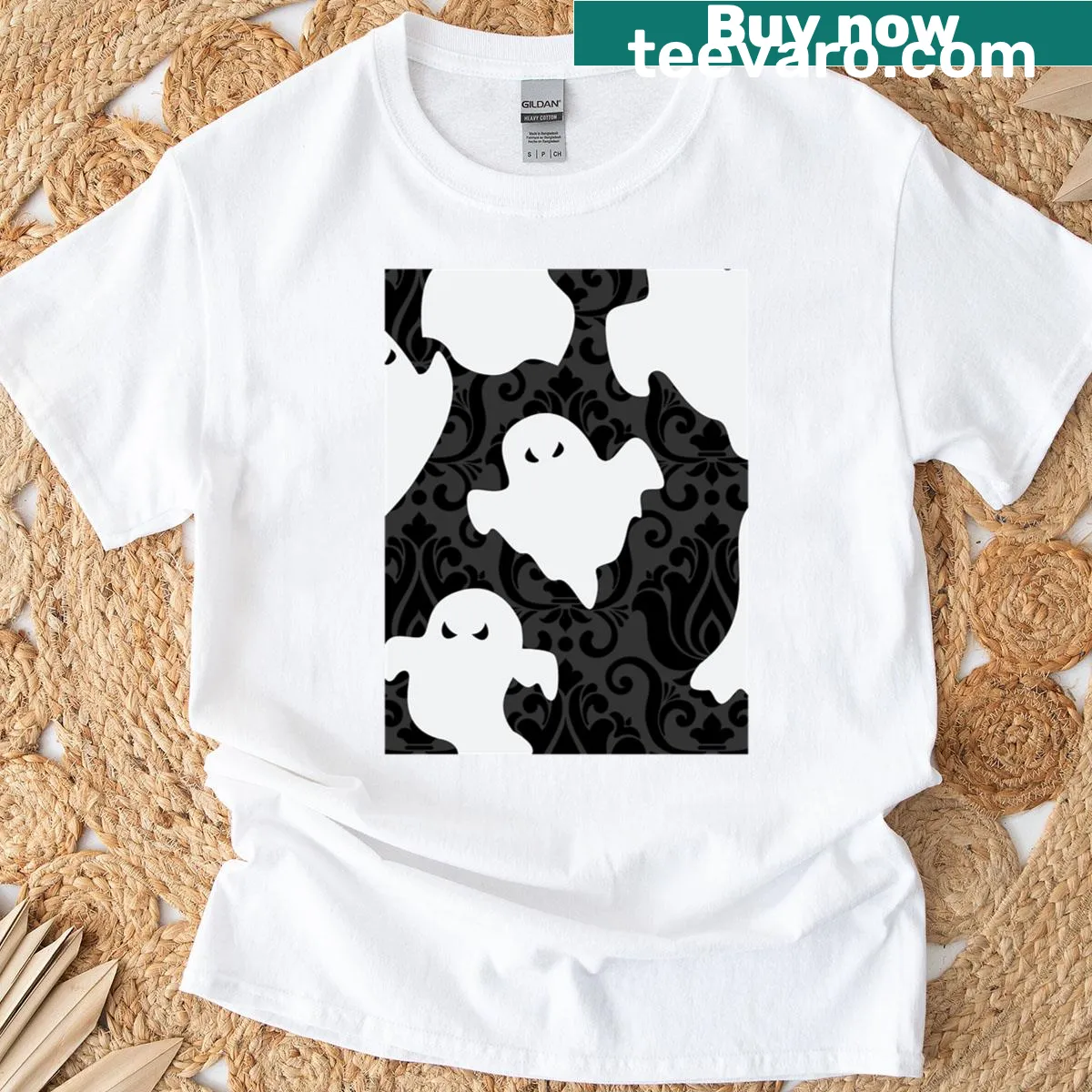 Ornate damask ghost design on a Halloween-themed t-shirt — on a men's t-shirt
