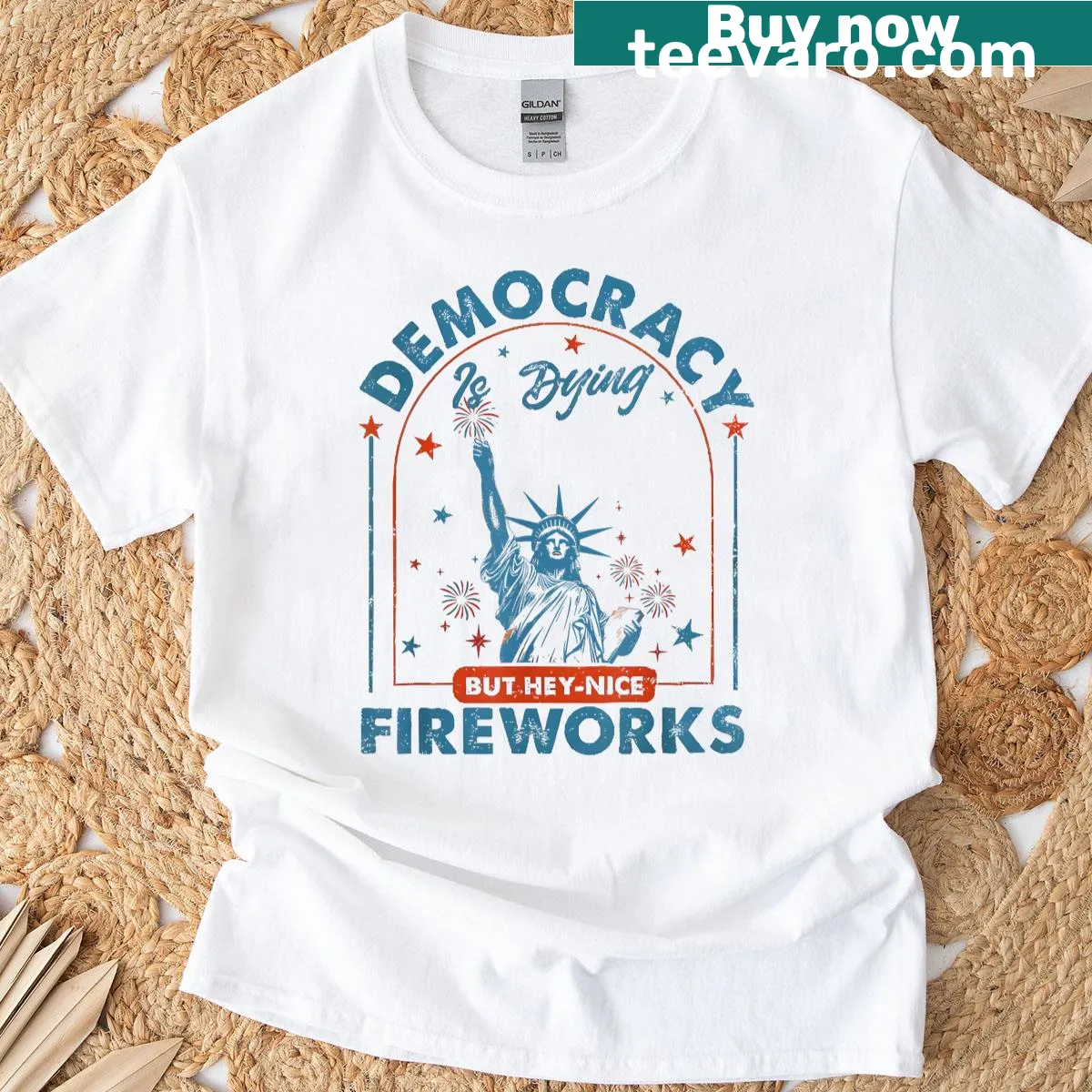 T-shirt with a bold political message and fireworks theme for Fourth of July — on a men's t-shirt