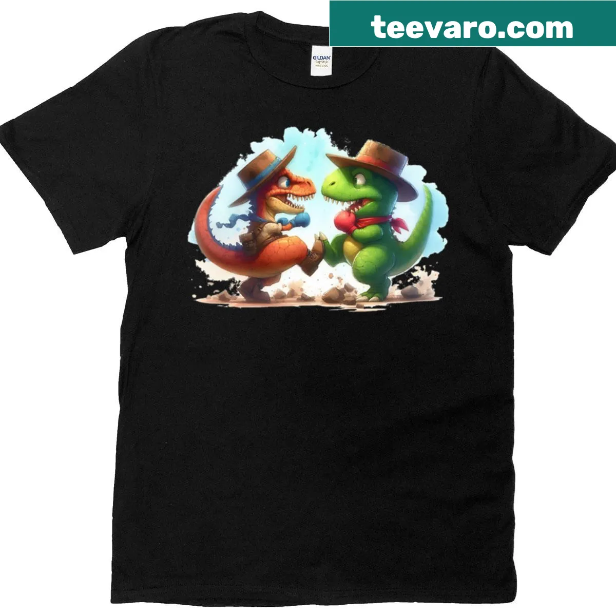Cartoon design of dinosaurs brawling on a t-shirt — on a men's t-shirt