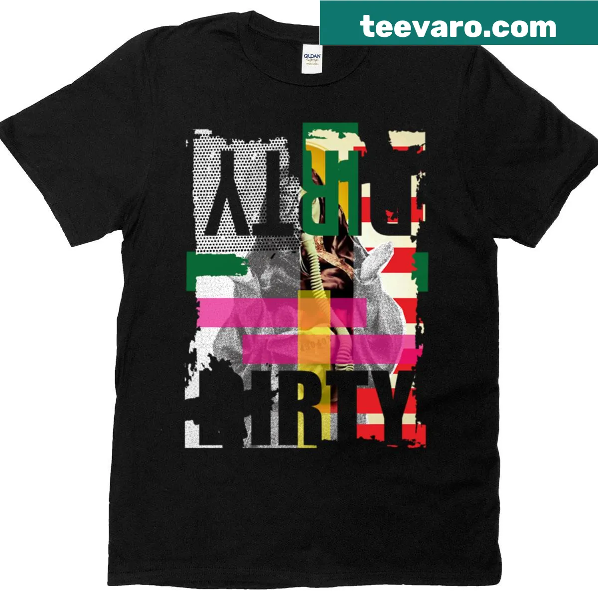 T-shirt featuring an abstract urban collage design — on a men's t-shirt