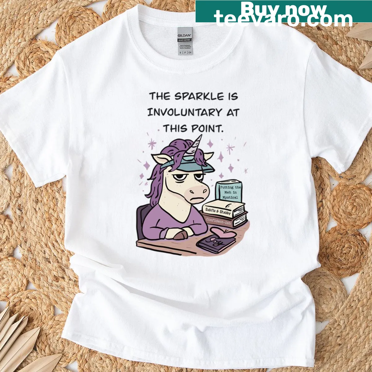 Illustrated T-shirt featuring a disillusioned unicorn in a fantasy style — on a men's t-shirt