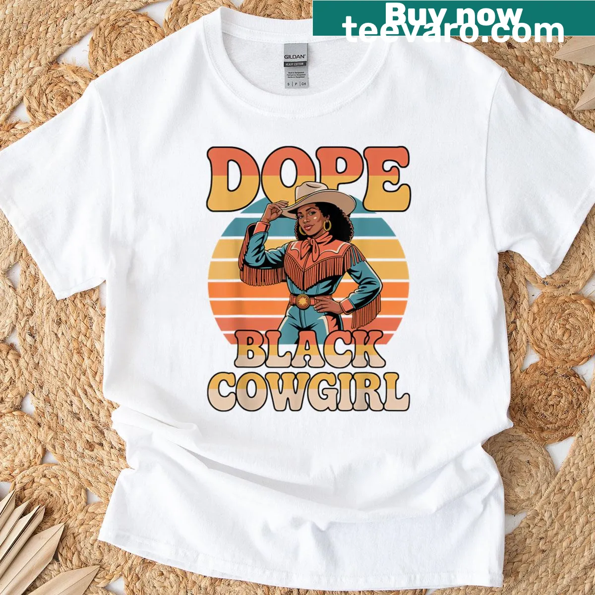 Illustration of a black cowgirl on a proud Western-themed T-shirt — on a men's t-shirt