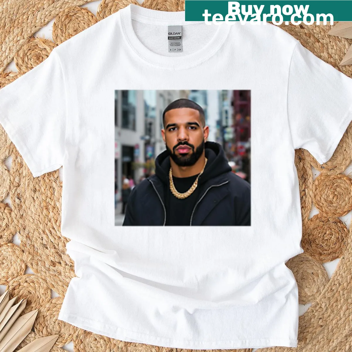 Celebrity collage T-shirt featuring Drake and 12 other entertainers — on a men's t-shirt