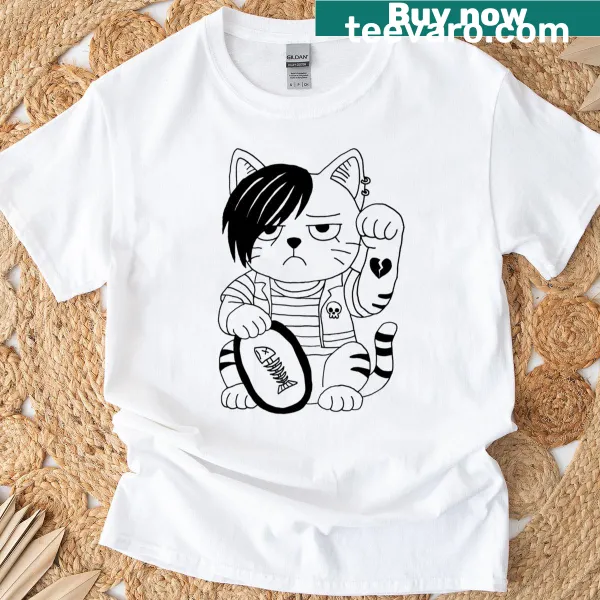 Whimsical emo Maneki Neko with fish on a cute t-shirt
