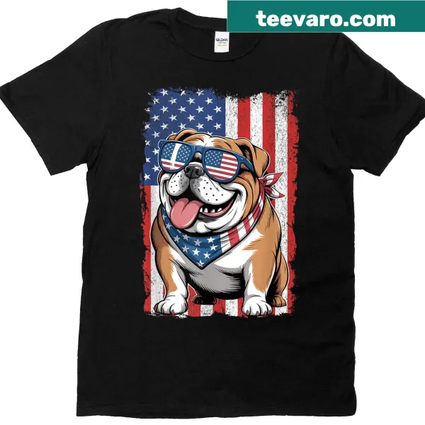 Patriotic T-shirt featuring an English Bulldog and the USA flag.