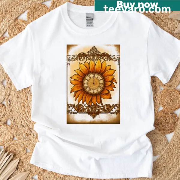 Whimsical clock T-shirt design with celestial elements