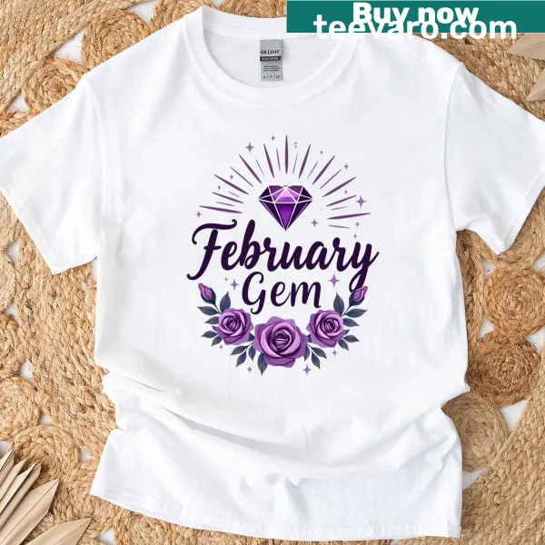 Illustrated T-shirt featuring the February amethyst birthstone design