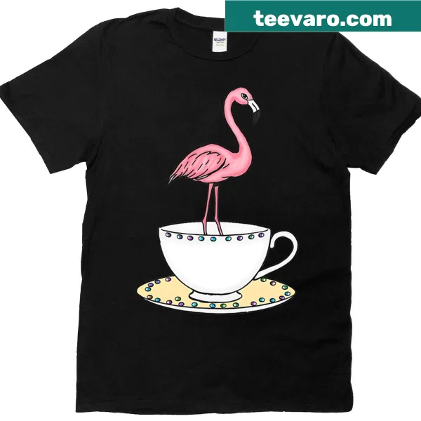 Whimsical flamingo design in a teacup on a T-shirt