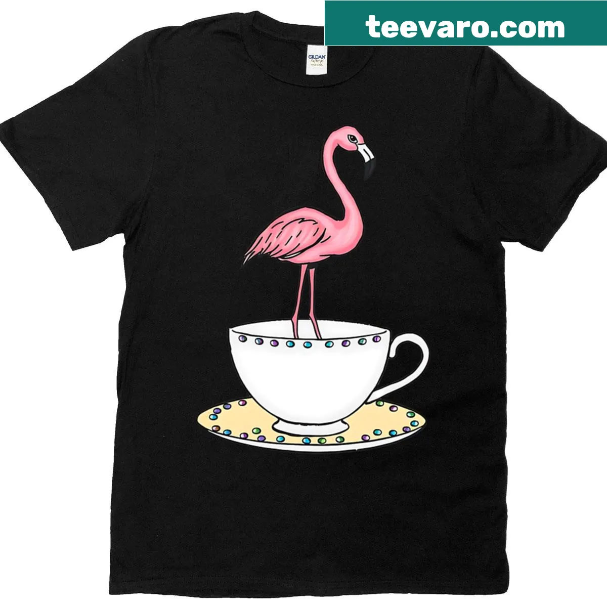 Whimsical flamingo design in a teacup on a T-shirt — on a men's t-shirt