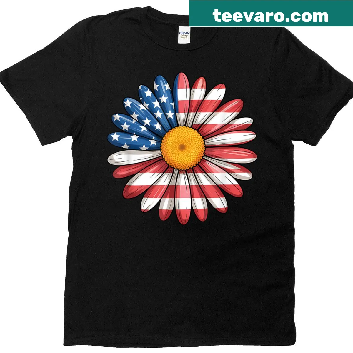Floral daisy design incorporating the American flag for a patriotic T-shirt — on a men's t-shirt