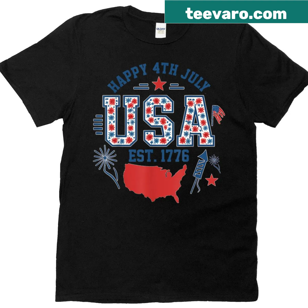 Floral T-shirt celebrating USA Independence Day with '1776' — on a men's t-shirt