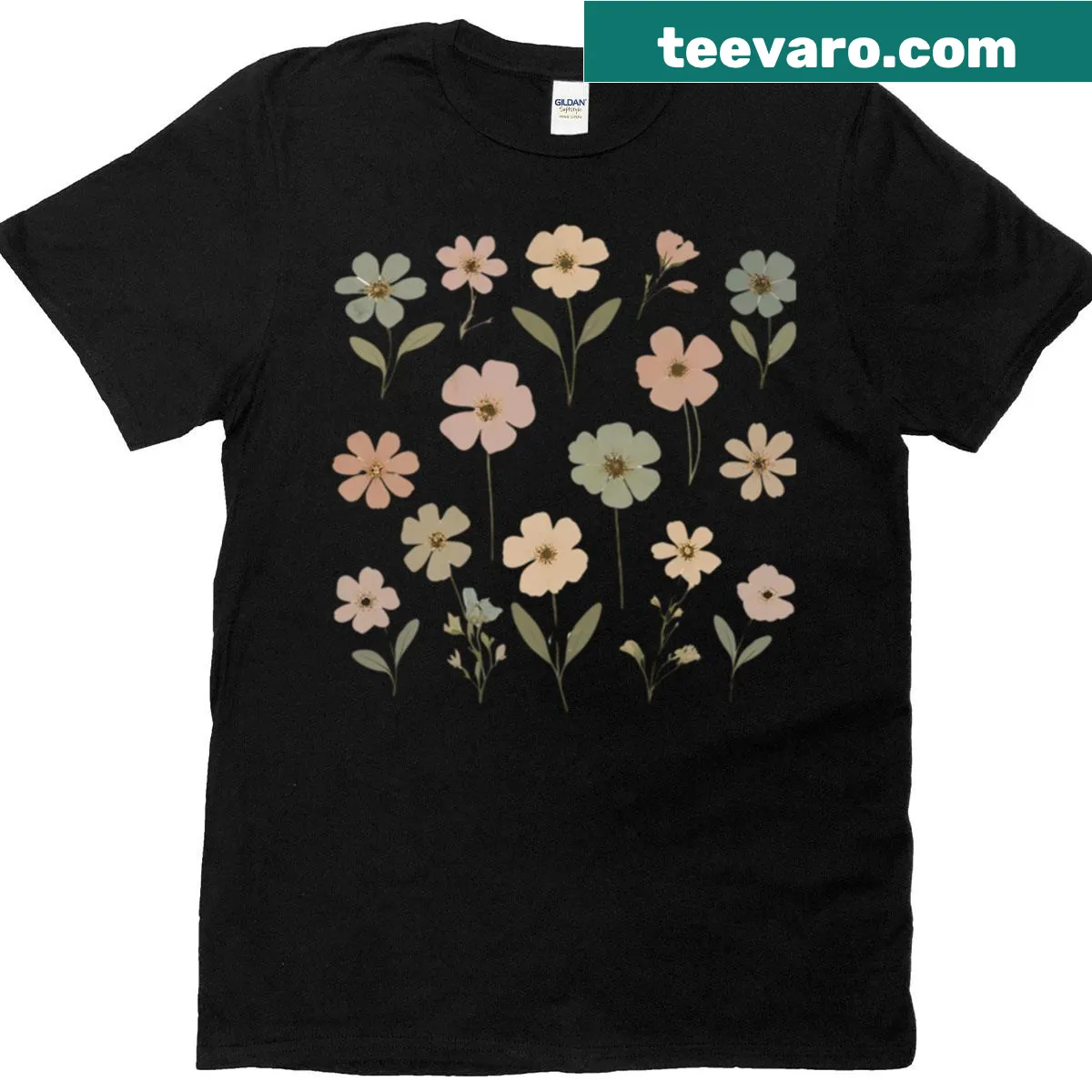Minimalist flower design T-shirt inspired by pressed botanical art — on a men's t-shirt