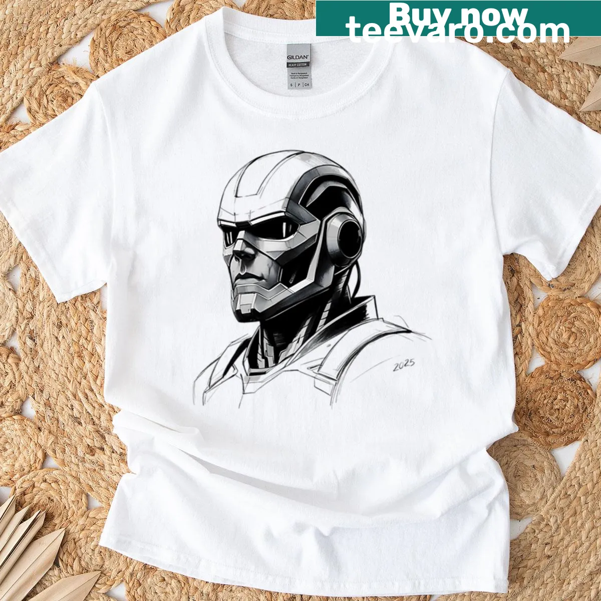 Futuristic robot sketch printed on a casual t-shirt — on a men's t-shirt