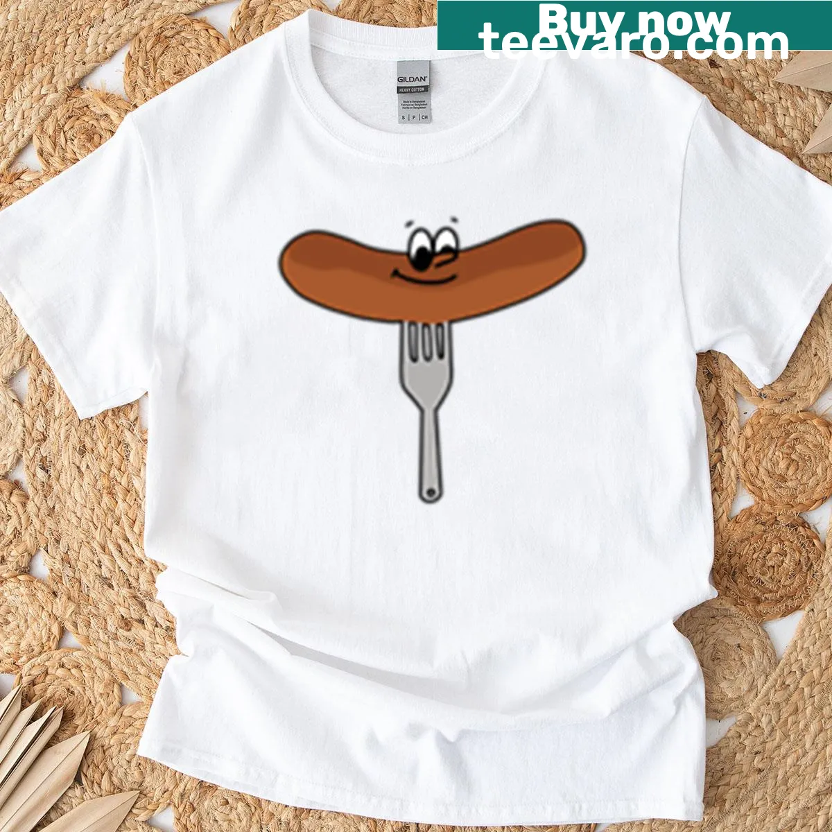Cartoon sausage character on Frankie The Sausage t-shirt — on a men's t-shirt