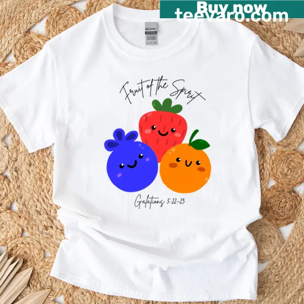 T-shirt featuring the phrase 'Fruit of the Spirit' in modern typography.