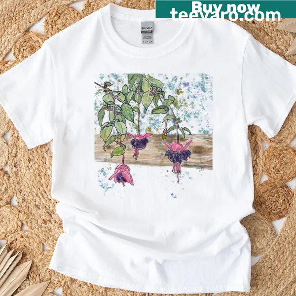 Delicate floral design of fuchsia blossoms on a t-shirt