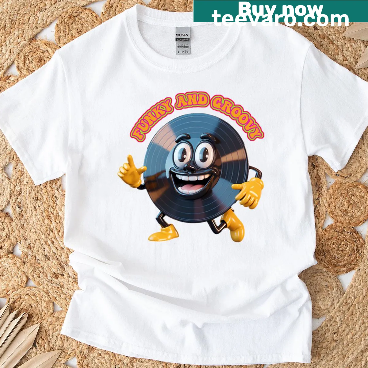 Vintage distressed T-shirt featuring classic vinyl record design — on a men's t-shirt