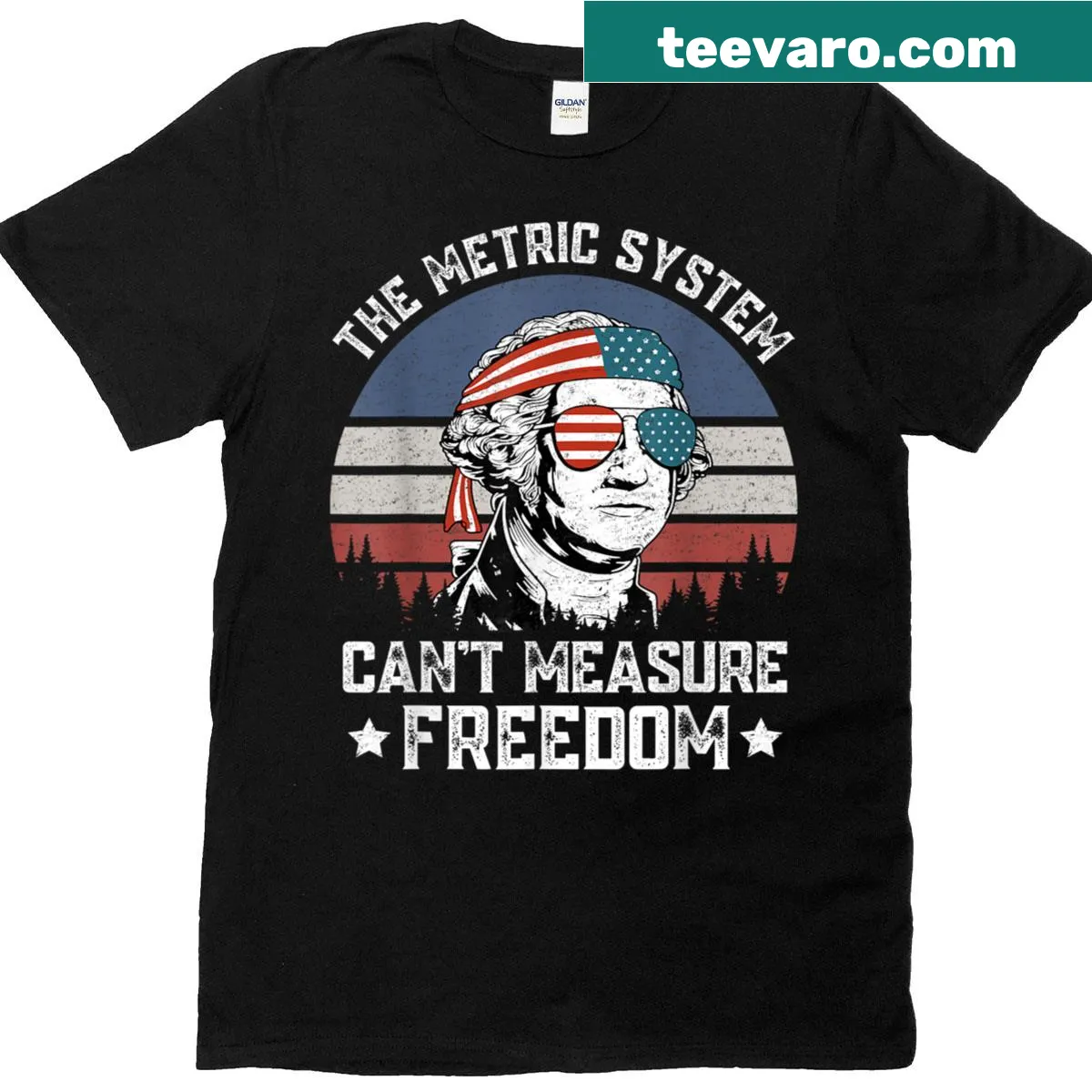 Humorous T-shirt with the phrase about the metric system and freedom — on a men's t-shirt
