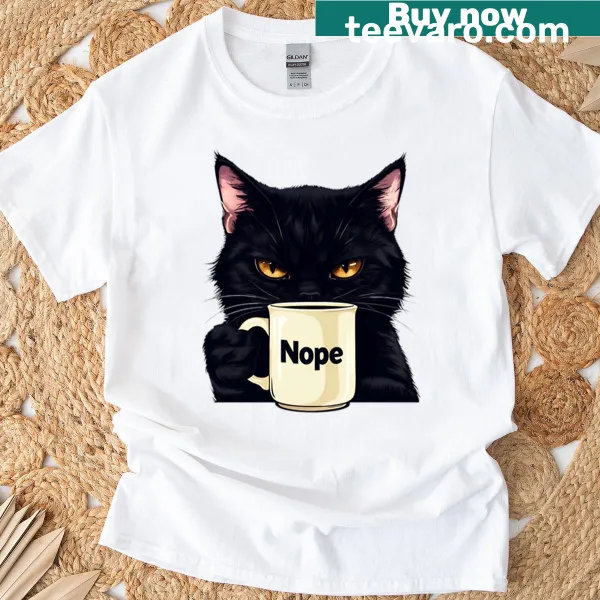 Humorous graphic of a cat with a funny expression on a t-shirt