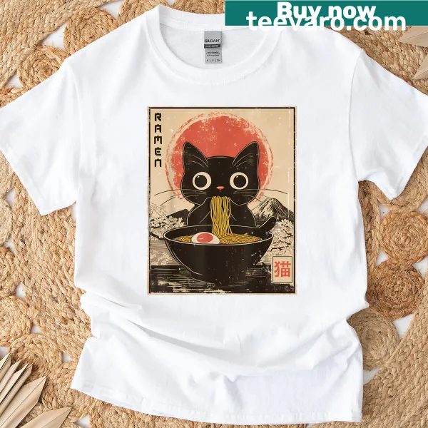 Cartoon T-shirt featuring a cat eating ramen noodles design