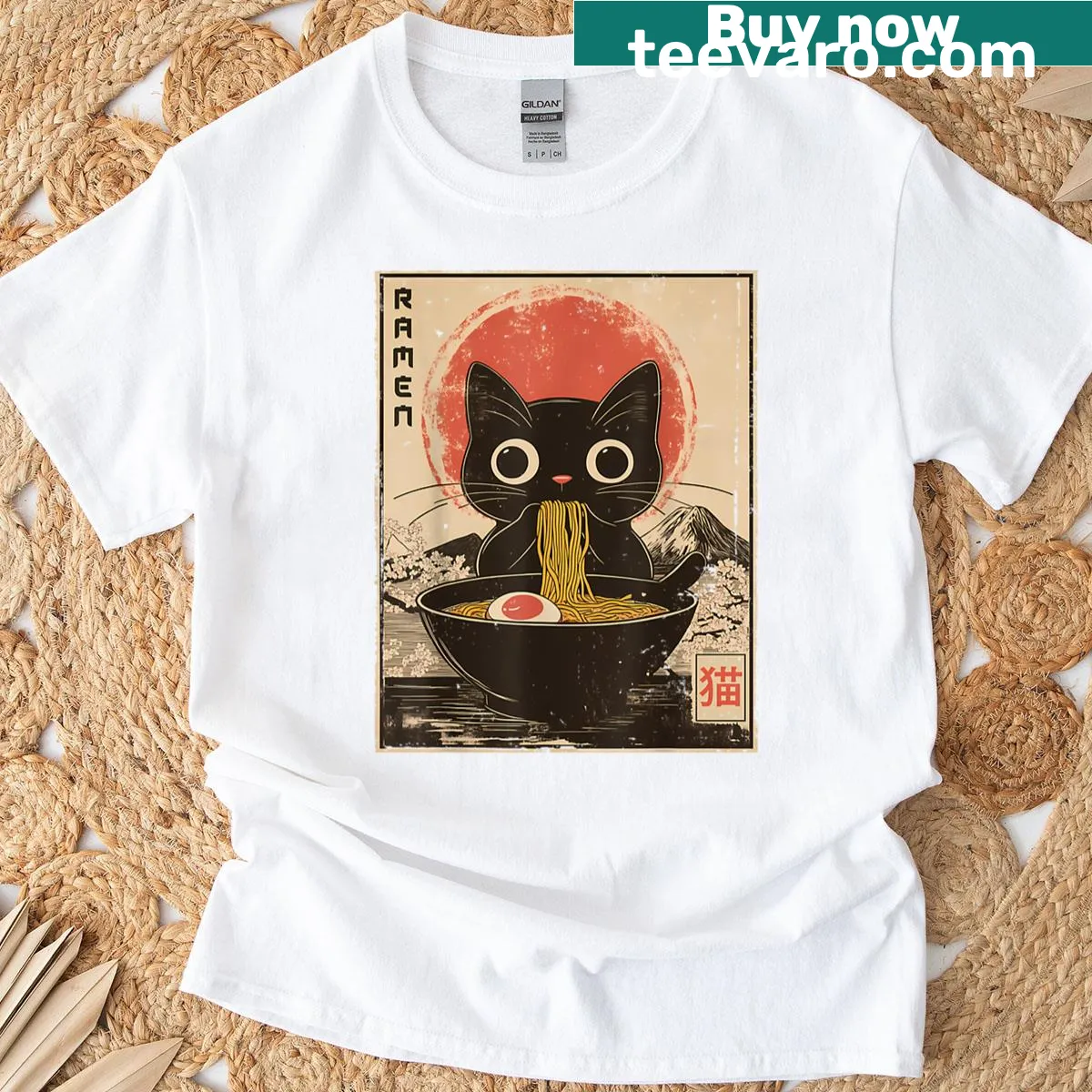 Cartoon T-shirt featuring a cat eating ramen noodles design — on a men's t-shirt