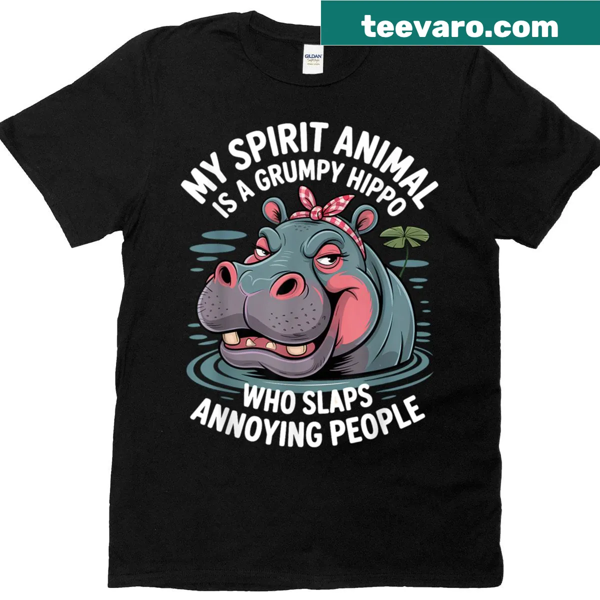 Cartoon grumpy hippo graphic on a humorous T-shirt — on a men's t-shirt