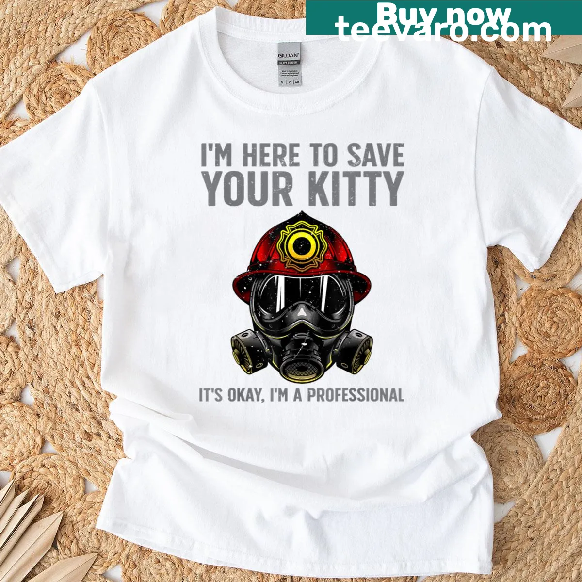 Funny firefighter graphic on a humorous gag t-shirt — on a men's t-shirt