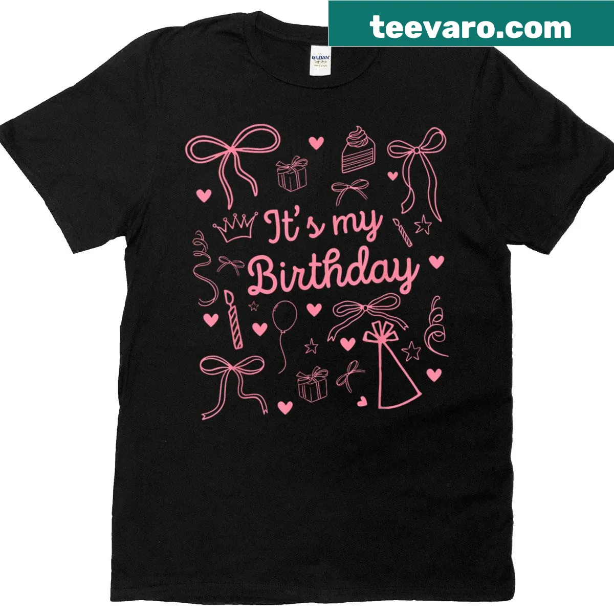 Birthday-themed T-shirt with a pink bow and fun text — on a men's t-shirt